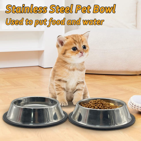 Fhiny 4Pcs Stainless Steel Dog Cat Bowl with Rubber Base Pet Food and Water Feeder Bowls Stackable Non-Slip Dish Plate for Small Medium Animals Pu...