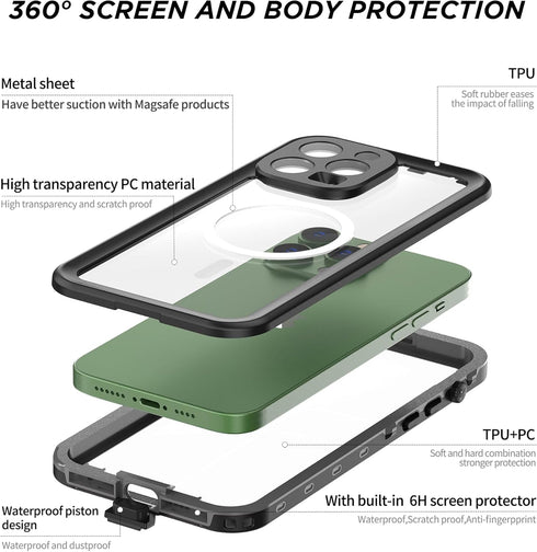 iPhone 14 Pro Max Waterproof Case-Full Body Protection, Built-in Scratch Resistant & Anti-Fingerprint Screen Protector, Wireless Charging, Dust, D...