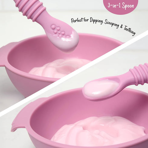 PrimaStella Unbreakable Silicone Non-Slip Bowl and Chew Spoon Set for Babies and Toddlers (Purple)...