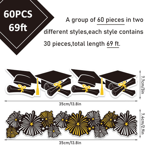 Whaline 69Ft Graduation Bulletin Board Border Graduation Cap Firework Shape Decoration Borders Black Gold White Graduation Bulletin Board Stickers...