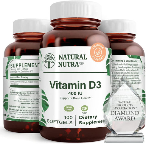 Natural Nutra Supreme Vitamin D3 400 IU Softgels, Immune Support, Sunshine Vitamin, Bone and Teeth Strength, Gluten-Free, 100 Softgels...