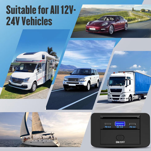 12V RV Type C USB Outlet with Power Switch 78W Dual PD3.0 USB & QC3.0 Quick Charge Socket 12V 24V Car Charger RV Switch Panel Car Charger with Wat...