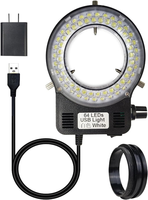 Light Microscope LED Ring Illuminator, Adjustable USB 64 LEDs Ring Light for Industry Monocular Binocular Trinocular Lab Stereo Microscope & Camer...