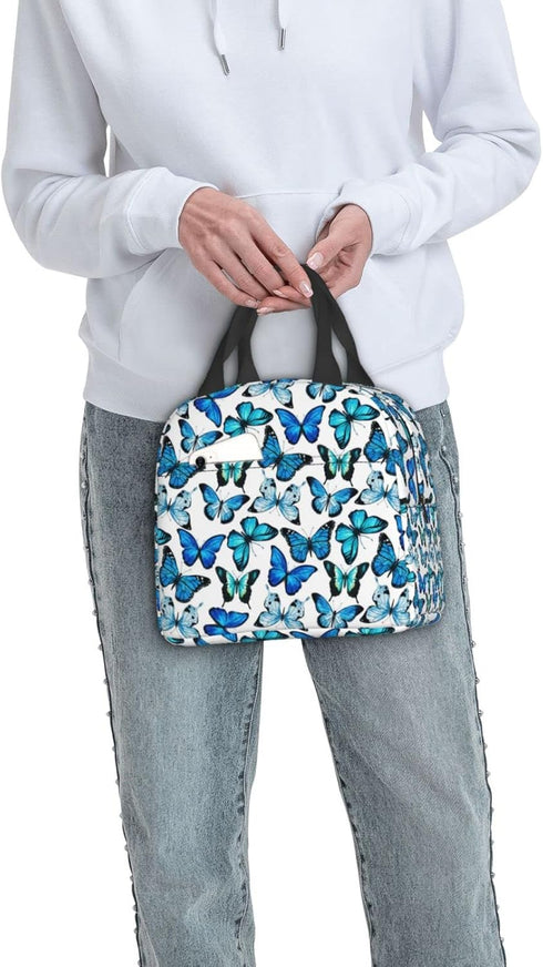 Insulated Lunch Bag Box for Women with Blue Butterfly Print Cooler Thermal Waterproof Reusable Tote Bag with Big Pocket for Work Office Picnic Col...