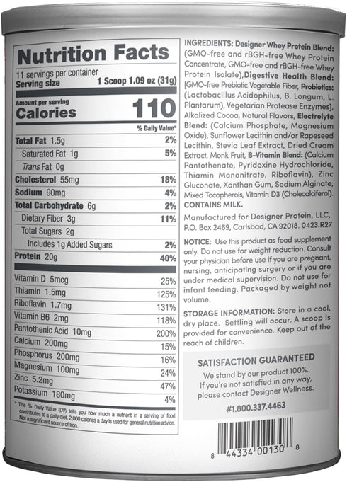 Designer Wellness Designer Whey Natural 100% Whey Protein Powder with Probiotics , Fiber, and Key B-Vitamins for Energy, Gluten-free, Non-GMO, Gou...