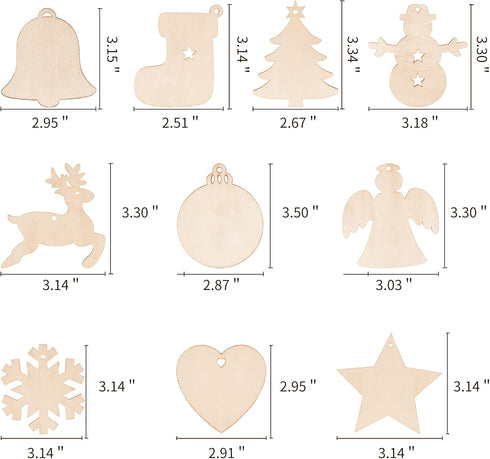 Max Fun 100PCS DIY Wooden Christmas Ornaments Unfinished Predrilled Wood Circles for Crafts Centerpieces Holiday Hanging Decorations in 10 Shapes...