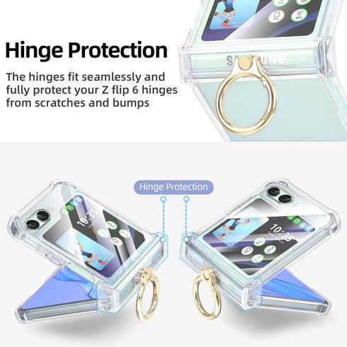 CASEOWL for Samsung Galaxy Z Flip 6 Case with Hinge Protection, 360°Ring Kickstand, Support Wireless Charging Protective Phone Case Clear Cover fo...