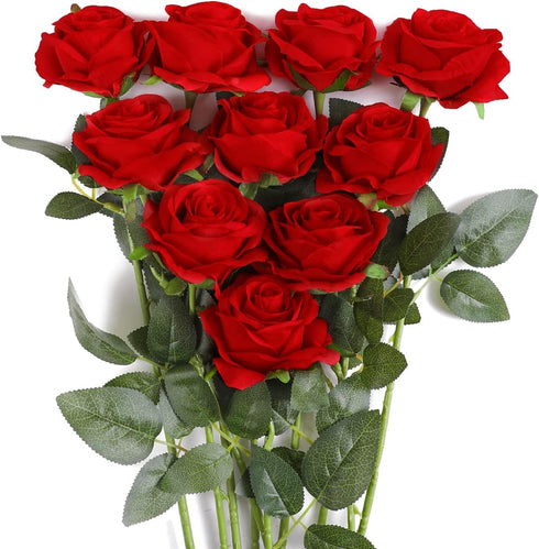 JUSTOYOU 10Pcs Artificial Roses Flowers, Realistic Blossom Roses, Real Touch Silk Rose, Single Fake Flower Long Stem Bouquets for Home Wedding Par...
