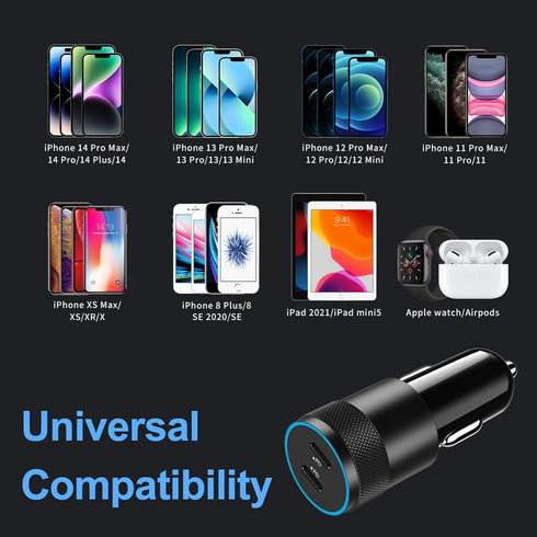 ?MFI Certified? 40W USB C Car Charger, Dual PD Cigarette Lighter Adapter, 2 Port Type C Fast Charging Car Plug with 2 Pack 3.3FT Lightning Cable f...