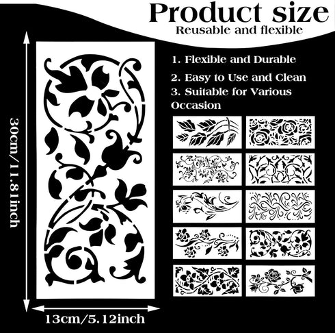 10 Pieces Flower Stencils for Painting, Ymapinc Leaf Stencil Floral Template Reusable Furniture Wall Canvas Decorative Stencils for Wood DIY Art C...