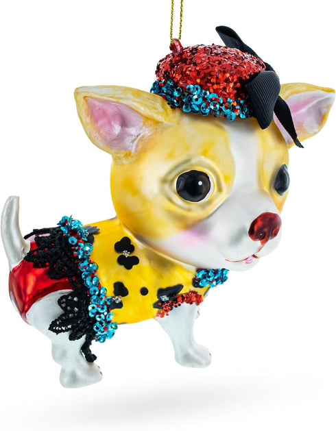 Chic Chihuahua Blown Glass Christmas Ornament...