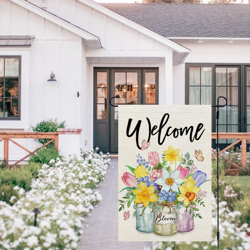 CROWNED BEAUTY Spring Garden Flag Floral Mason Jar 12x18 Inch Double Sided for Outside Small Burlap Seasonal Welcome Yard Flag...