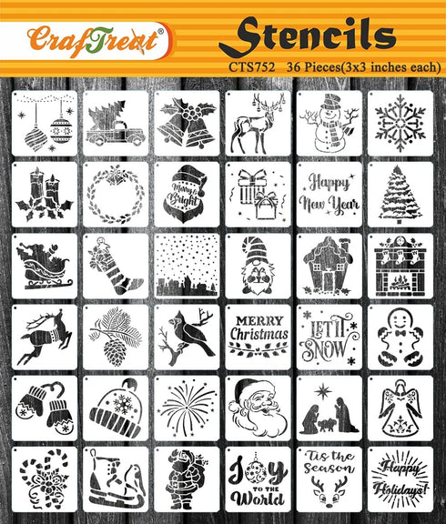 CrafTreat 36 Pieces Christmas Stencils for Painting on Wood (3x3), Merry Christmas Stencils for Painting on Fabric, Canvas, Paper, DIY Christmas S...