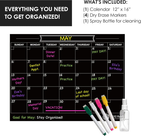 Black Magnetic Calendar for Refrigerator - Dry Erase Calendar for Fridge – For Family, Kids, Workout, Menu Planner – 12 x 16in - Includes 4 Marker...