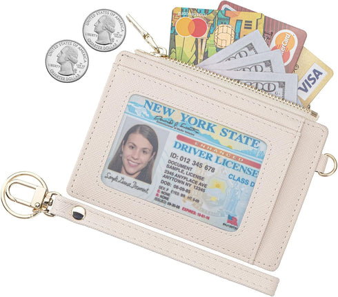 Wikavanli Women Slim Rfid Blocking Credit Card Case Holder Wristlet Zip ID Case Wallet Small Compact Leather Wallet Coin Purse with Keychain (Beig...