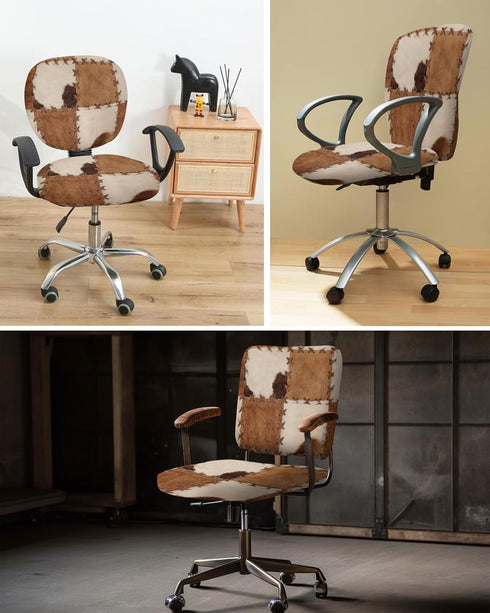 Vintage Leather Office Chair Covers 2 Piece, Abstract Cowhide Plaid Stretch Computer Chair Cover Universal Rotating Desk Chair Covers Washable Cha...