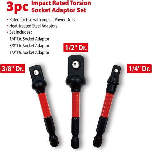 Big Red power drill socket adapter set,3pcs 1/4", 3/8", 1/2",hex shank drill bit extenxion from heat treated Chrome Vanadium steel with black phos...