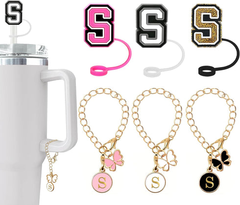 ?3 +3) Nuozme Straw Cover Compatible with Stanley Tumbler Cup 3PCS Letter Straw Caps Toppers with 3 Initial Butterfly Charms Name ID For Stanley 3...