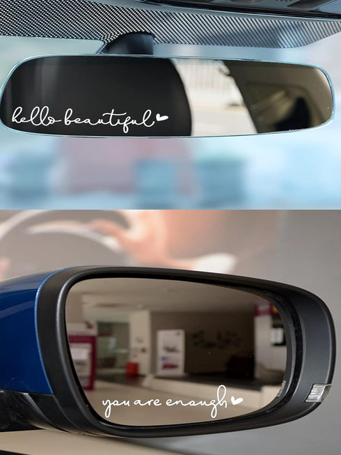 White Rearview Mirror Vinyl Decal Sticker, Hello beautiful You're enough Decal, Water Bottle Sticker, Car Windshield, Rear View Mirror, Mirror, La...