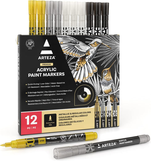 ARTEZA Acrylic Paint Markers, Set of 12 Metallic Marker Pens, 3 Gold, 3 Silver, 3 Black, 3 White, Extra-Fine Nibs, 15mm, for Stone, Glass, and Woo...