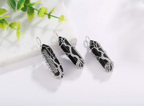 XIANNVXI Tree of Life Wire Wrapped Crystal Point Pendant Necklace Reiki Healing Crystal Stone Black Agate Necklaces Natural Hexagonal Gemstone Qua...