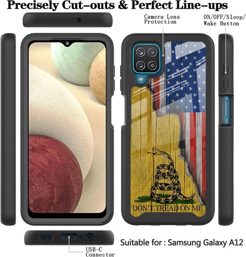 Compatible with Samsung Galaxy A12 Case Dont Tread On Me American Flag for Boys Men Full-Body Dual Layer Rugged Shockproof Bumper Heavy-Duty Prote...