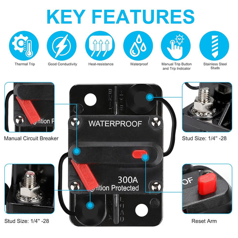 NC 300 AMP Waterproof Circuit Breaker,with Manual Reset,12V-48V DC,30A-300A,for Car Marine Trolling Motors Boat ATV Manual Power Protect Audio Sys...