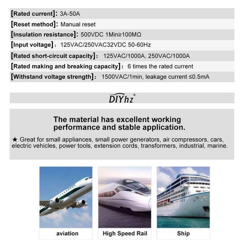 Thermal Circuit Breaker, 40 Amp Push Button Manual Reset Circuit Breaker 32V DC 125/250VAC 50/60Hz with Quick Connect Terminals and Waterproof But...