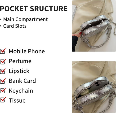 Evening Bag for Women, Silver Clutch Purse Heart Shaped Purse Crossbody Bag Shoulder Handbag Rhinestone Purse...