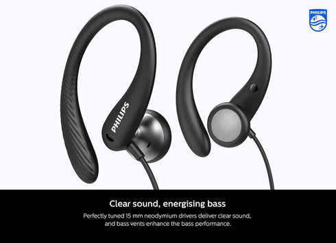 PHILIPS A1105 in-Ear Sports Wired Headphones with Ear Hooks for Secure Fit, Deep bass, in-line Remote Control and Microphone, Sweat-Resistant, 3.5...