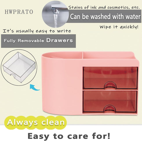 Cute Pen Organizer with Drawer, Multi-Functional Small Desktop Accessories Organizers, Pencil Holder for Desk Office Art Supplies (Rounded Desk Or...