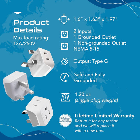 Ceptics UK Travel Plug Adapter, 2 in 1 Type G Adapter, US to UK Adapter, Ireland, Dubai Travel Adapter with Dual USA Inputs, CE, RoHS - HK Outlet ...