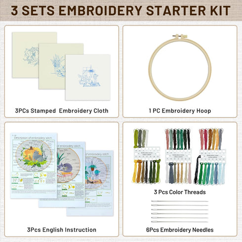 XM-GENYUE 3 Sets Cat Embroidery Starters Kit with Pattern for Beginners, Full Range of Stamped Cross Stitch Kit Set with Embroidery Hoop Cloth Thr...