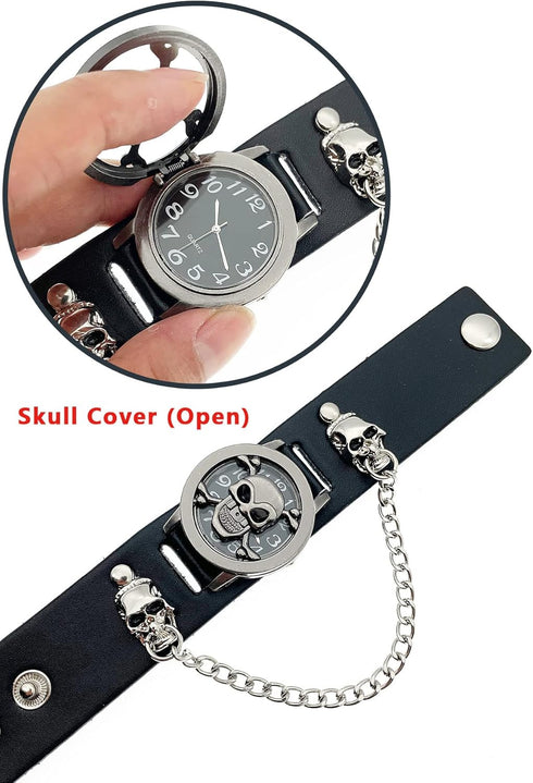 Punk Skull Men's Wrist Watch&Women's Watch,Skull Flip Cover Watch,Skull Ornament+Chain Elements,Fashion for Cosplay Lovers...