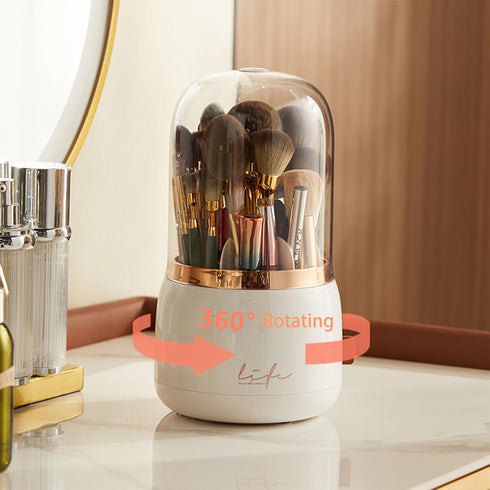 Black Makeup Brush Holder Organizer with Lid,360 Spinning Easily Dustproof Shiny Makeup Brush Holder for Vanity, 7 Compartments (Black)...