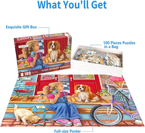 100 Piece Puzzles for Kids Pay Day Cones Puzzles 100 Piece Puzzles for Adults, Girl Sharing Icecream with Dog Cat Puzzle 100 Piece Seniors Puzzle ...