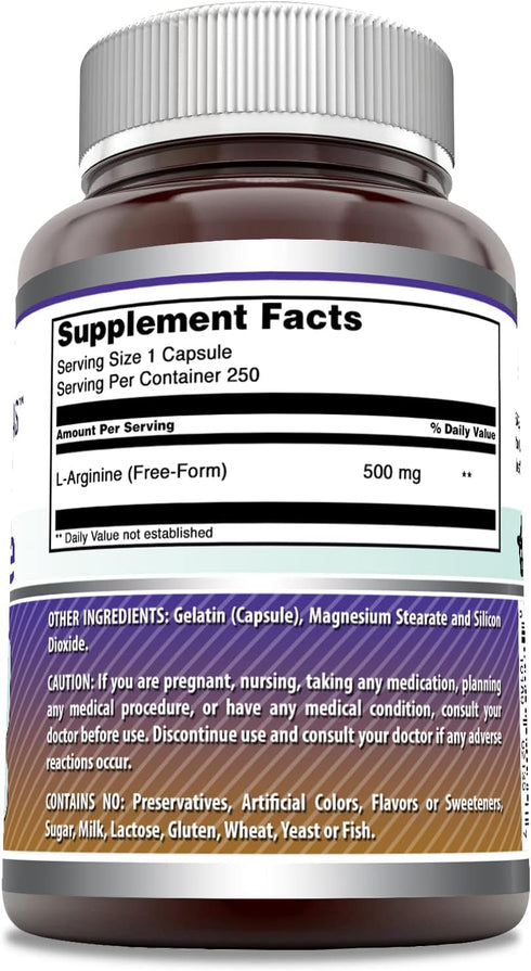 Amazing Formulas L-Arginine Supplement | 500 Mg Per Serving | 250 Capsules | Amino Acid Supplement for Men & Women | Non-GMO | Gluten Free | Made ...