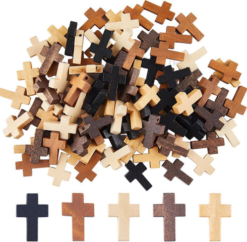 SUNNYCLUE 100Pcs Cross Charms Bulk Wood Cross Beads Natural Wooden Cross Bead Charm Mini Small Black White Pocket Crosses Rosary Crucifix Easter H...
