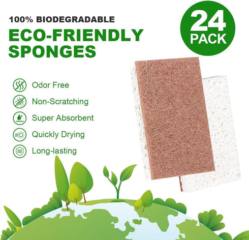 HOMEXCEL Natural Scrub Sponges Kitchen 24 Pack, Non-Scratch Cleaning Sponges for Dishes, Cellulose Sponges Safe on Non-Stick Cookware, Dual Sided ...