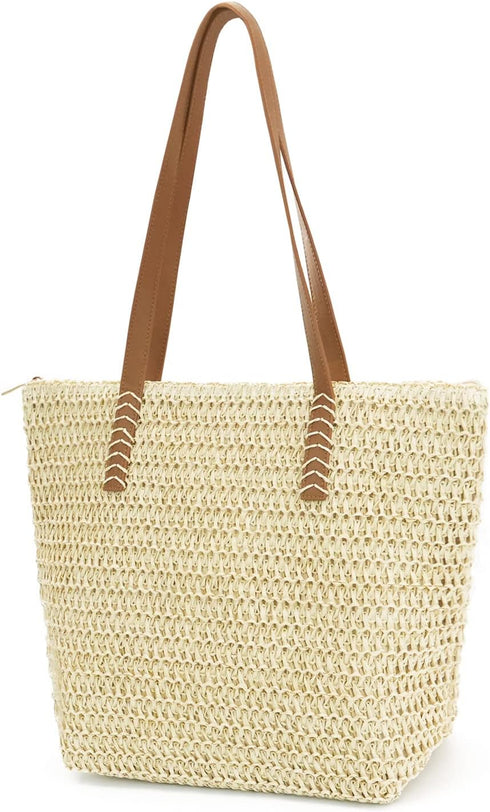 Straw Beach Bag for Women Large Straw Tote Bag with Zipper Summer Woven Bag Beach Travel Casual Straw Shoulder Bags...