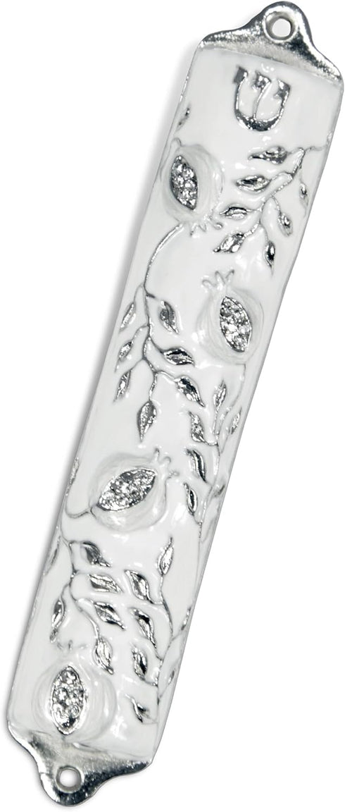 Mezuzah Case - Mezuzah Cover, Pomegranate Tree Design Crafted in Pewter, Jerusalem Judaica, Door Mezuza Case 4" White Wedding Color...