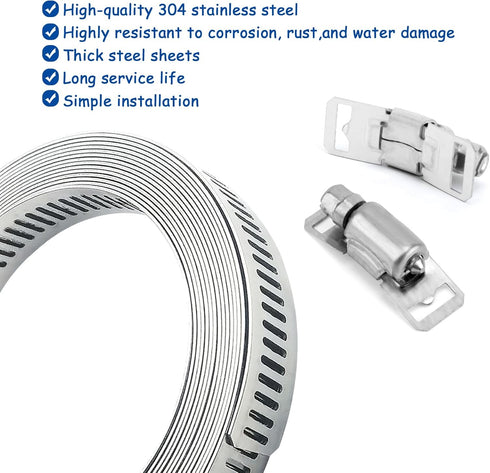 Hose Clamps10FT Metal Strapping+10 Fasteners DIY Cut-To-Fit 304 Stainless Steel Band Clamps Adjustable Large Worm Gear Hose Clamps Assortment Kit ...
