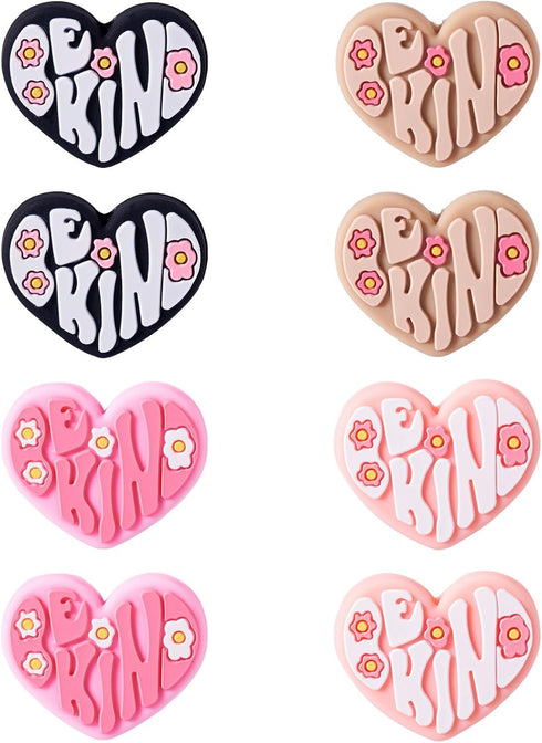 Beadthoven 8pcs Heart Silicone Focal Beads for Pens 4 Colors Heart Shaped Rubber Beads Flower Printed Loose Beads Spacers for Jewelry Making Keych...