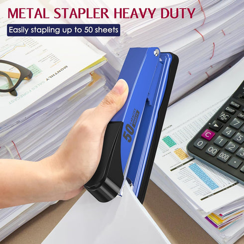Metal Stapler Heavy Duty 50 Sheet Capacity with 1750 Staples and Staple Remover, Blue Stapler Full Strip Staplers for Desk, No Jam, Non-slip Offic...