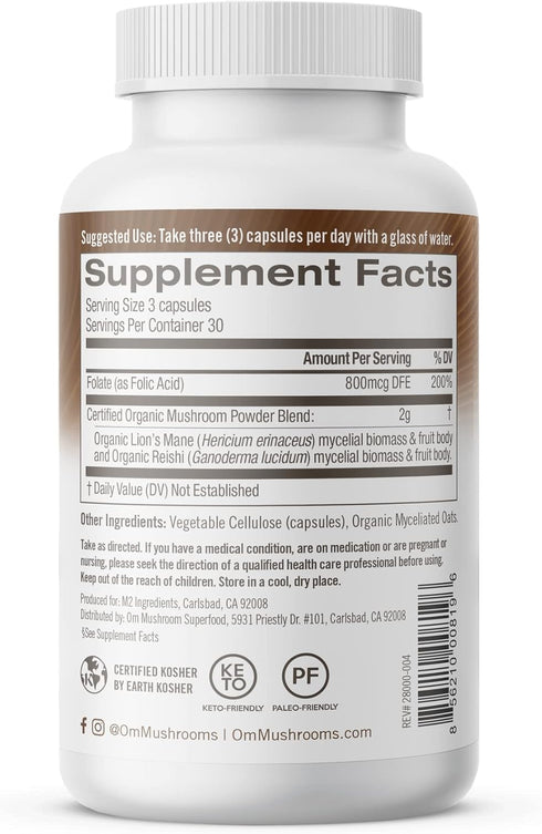 OM Mushroom Superfood Brain Fuel Mushroom Powder Capsules Superfood Supplement, 90 Count, 30 Days, Lion's Mane, Reishi Blend plus Folate, Mental C...