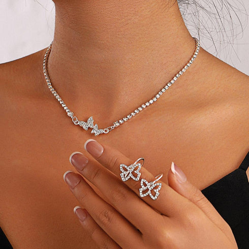 Rhinestone Butterfly Jewelry Set Silver Sparkly Crystal Necklace Chain with Bracelets and Earrings for Women(3PCS)...