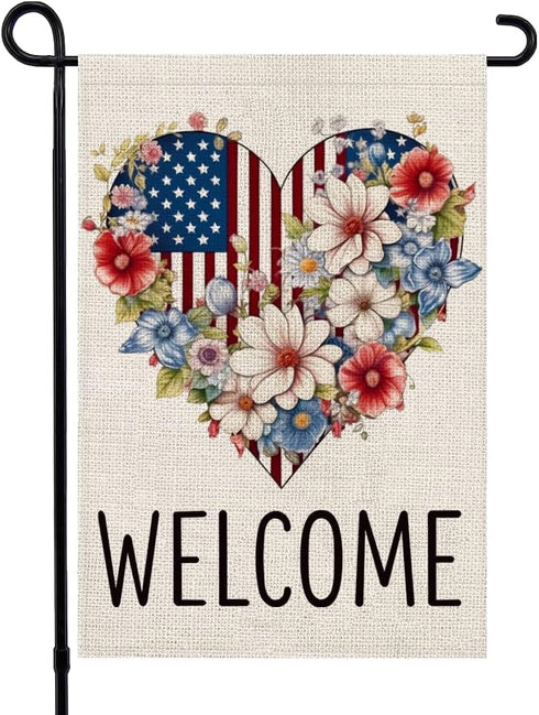 4th of July Patriotic Garden Flag 12x18 Double Sided, American Floral Heart Welcome Burlap Small Yard Flag for Independence Day Outside Decoration...