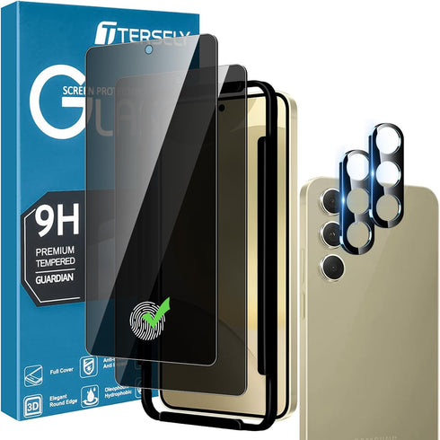 T Tersely [2+2 Pack 9H Tempered Glass Privacy Screen Protector for Samsung Galaxy S24 5G, with Installation Alignment Frame, Support Fingerprint U...
