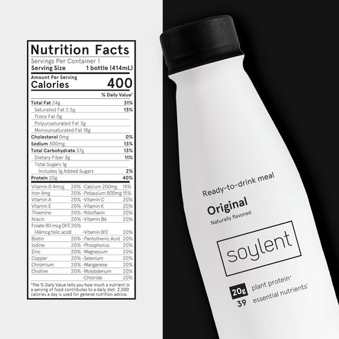 Soylent Complete Meal Replacement Shake, Original, 20g complete protein, 28 vitamins & minerals, low sugar, 14oz (Single Bottle)...