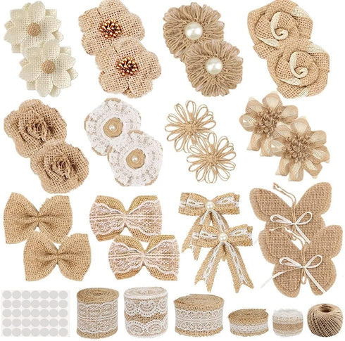 30PCS Burlap Hessian Flowers Set, Include 24 Burlap Flowers and Bowknots, 5 Lace Burlap Ribbon Rolls,1 Twine Ribbon and Glue Point for Wedding Par...